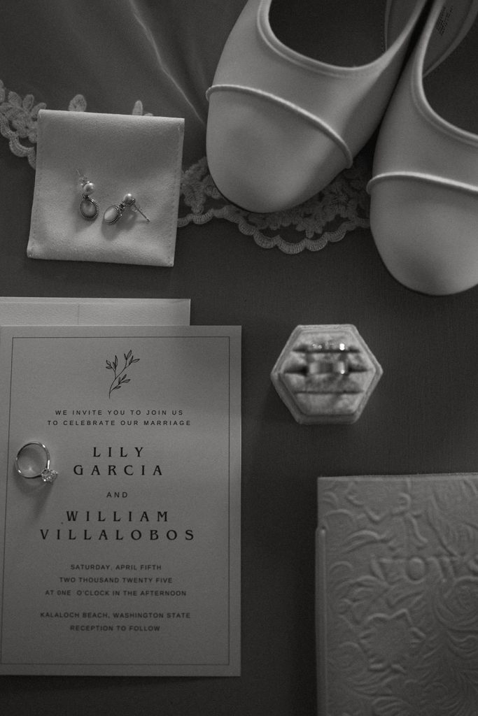 black and white detail photo of wedding stationery